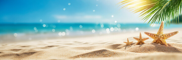 Sunny tropical Caribbean beach with palm trees and turquoise water, island vacation in hot summer day