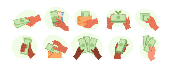Hand gestures illustrations set. Collections of diverse characters hands holding money banknotes and cash on fingers and palms. Finance, investments and donation concept. Vector illustration.