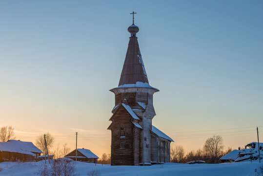 The ancient church of Elijah the Prophet (1692-1702) in the village of Saminsky Pogost on a February evening. Vologda region, Russia