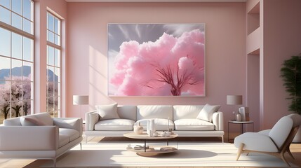 Interior in pink colors, romantic comfort, textures.