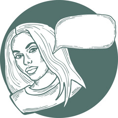 Beautiful young woman talk. Empty speech bubble for sale promotion, text background, quotes. Hand drawn illustration, cartoon comic style vector.