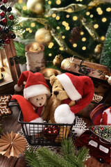 Santa teddy bear mascots and Christmas decorations in rustic style arrangement