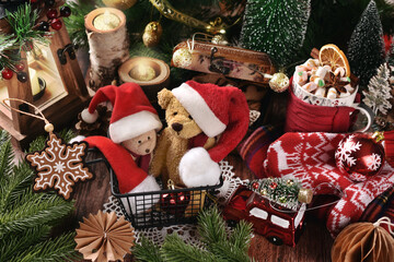 Santa teddy bear mascots and Christmas decorations in rustic style arrangement