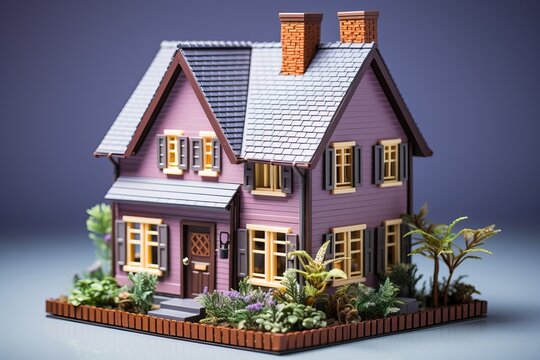 Mini paper house with garden, trees, flowers, real estate sale concept. Children toy house close up.