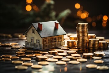 A mini house surrounded by gold coins, real estate.