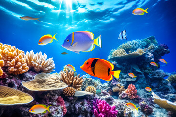 Naklejka na ściany i meble Tropical fish and coral reef underwater in the Sea.
