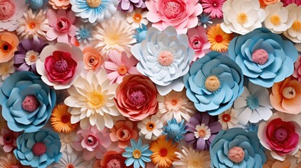 Colorful background of flowers. Paper flowers and leaves.