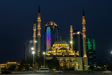 The Heart of Chechnya Mosque against the background of the Grozny City complex on September night