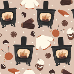 Cute Cartoon cosy hand drawn seamless vector pattern background illustration with traditional wood stove, sweater, log, chestnut, books, cookies, snowflakes and mug