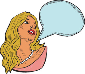Beautiful young woman talk. Empty speech bubble for sale promotion, text background, quotes. Hand drawn illustration, cartoon comic style vector.