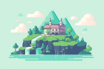 Floating Fantasy Island - A charming illustration of a fantasy island floating in the sky, complete with a quaint house and lush greenery.

