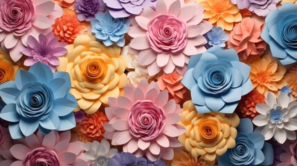 Colorful background of flowers. Paper flowers and leaves.
