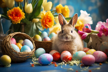 Easter bunny and easter eggs on rustic background with flowers - obrazy, fototapety, plakaty