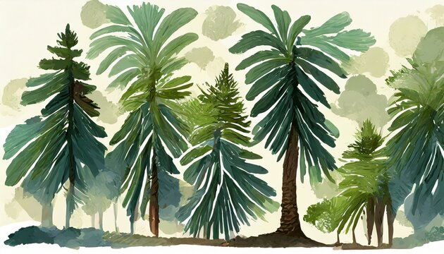 Abstract painted trees in a wild tropical forest. Illustration