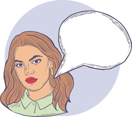 Beautiful young woman talk. Empty speech bubble for sale promotion, text background, quotes. Hand drawn illustration, cartoon comic style vector.
