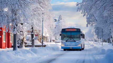 Winter scene with a public bus navigating through snow-covered streets in a small town. - obrazy, fototapety, plakaty