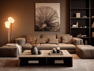 Modern interior with brown monochromatic color scheme, living space