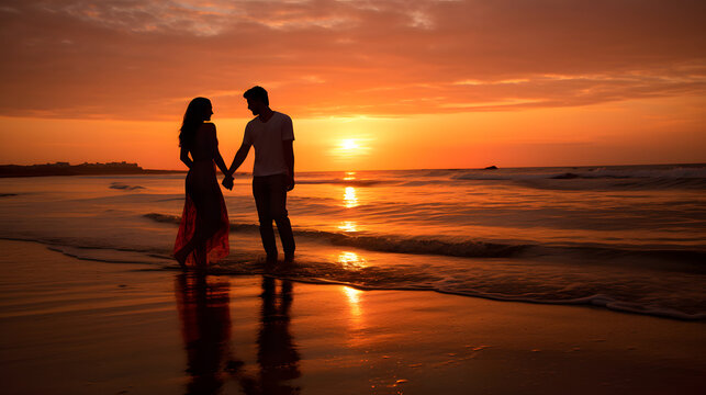 Young couple sharing a romantic moment on a sunset beach.