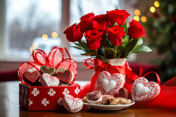 Chocolates in a heart shaped box and roses on a red background