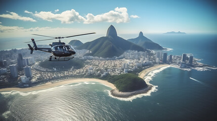 Fototapeta na wymiar Tourist helicopter offering breathtaking aerial views of a famous landmark.