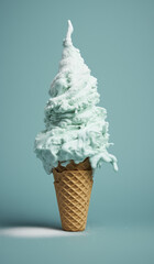 ice cream in a cone, ice cream in a cone, a whipped cream cone with a Christmas tree on it, organic and flowing forms,  light cyan and gray,