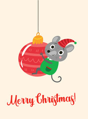 Christmas card with mouse and Christmas tree toy