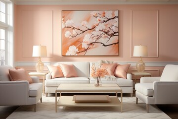 a design for a living room inspired by Peach Fuzz Elegance