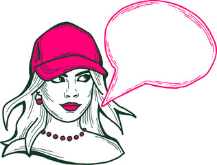 Beautiful young woman talk. Empty speech bubble for sale promotion, text background, quotes. Hand drawn illustration, cartoon comic style vector.
