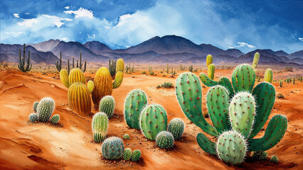 Panoramic desert valley with brown sand hills and distant blue mountains at horizon - painting reminiscent of hot and dry landscape in Nevada with green saguaro cactus plants.