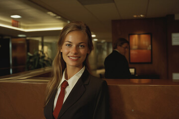 Caucasian, blonde receptionist in a hotel with the reception desk in the background. Generative AI