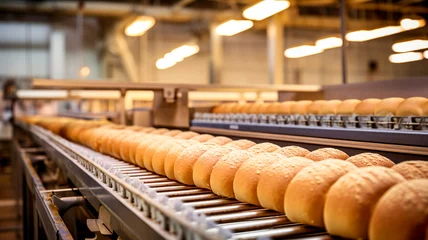 Zelfklevend Fotobehang bread production line in a bakery factory. fresh baked bread © Aram