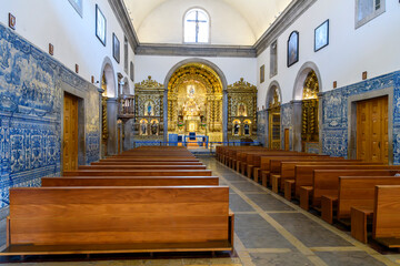 Interior view of the 16th century Igreja Paroquial de Nossa Senhora de la Asuncion, or Parish Church of Our Lady of the Assumption, in Cascais Portugal. - obrazy, fototapety, plakaty