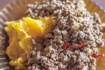 Ready-made ground beef seasoned with red peppers, meat texture