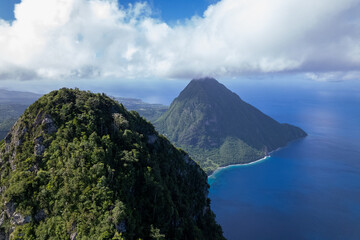 Aerial  of Gros Piton and Petit Piton on St. Lucia.  Shot on a drone in the Caribbean on beautiful...