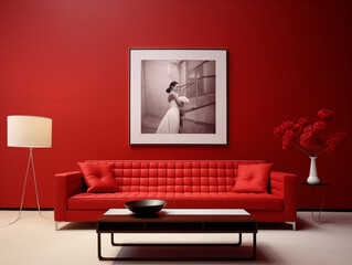 Modern interior with red monochromatic color schele, living space