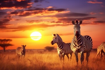 Group of zebras in the African savanna against the sunset.