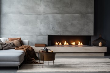 Modern gas fireplace in home - obrazy, fototapety, plakaty