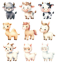 Obraz premium Watercolor Cute Farm Animals Set. Set of Adorable Livestock Animals Clipart. Watercolor Domestic Animal Illustrations.