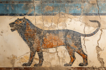 Naklejka premium Wall painting of wild animal, cracked vintage Ancient fresco of lion or panther. Old artifact of Sumerian or Babylonian civilization. Theme of art, nature, antiquity, mural and culture