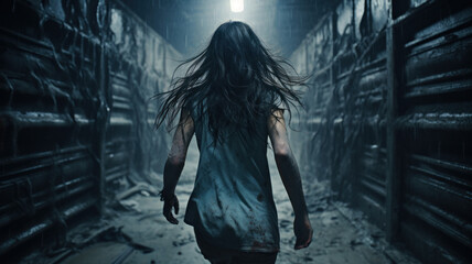 Young woman runs away alone in rain at night along scary corridor, back view of adult girl in spooky place. Female person like in thriller or horror movie. Concept of terror, escape