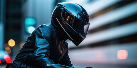 Close-up portrait of a motorcyclist in a helmet riding a bike in the evening city against the background of blurred city streets and road. Equipment for a modern motorcyclist.