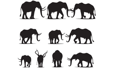 Black silhouettes of mammoths on a white background. Prehistoric animals of the ice age in various poses 