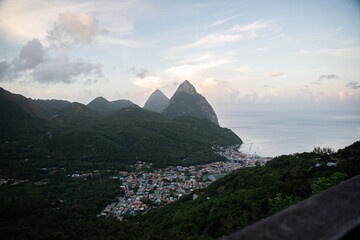 Aerial  top down view of the city of Soufriere with Pitons in the background.  Shot on a DJI Drone...