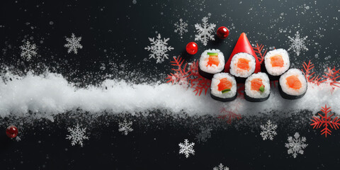 Top view Delicious Japanese sushi rolls on a Christmas holiday background. New Year banner template for sushi restaurant, holiday discounts and winter menu, copy space.