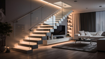 Stylish two-floor apartment with dining area open to living room and wooden stairs. Staircase in Modern interior