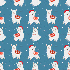 Seamless pattern with  llama in santa claus hat. Good for wallpaper, greeting cards, children room decoration, etc.