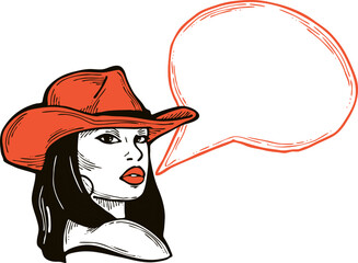 Beautiful young woman talk. Empty speech bubble for sale promotion, text background, quotes. Hand drawn illustration, cartoon comic style vector.