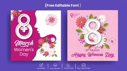 Happy women's day social media post banner, 8 march happy womens day flyer and website banner with realistic floral greeting and spring card background