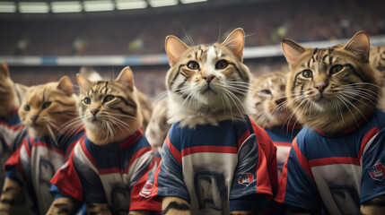 Süße Katzen mit Trikots im Sport Stadium  - obrazy, fototapety, plakaty