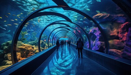 Walking Through an Aquarium Tunnel - obrazy, fototapety, plakaty